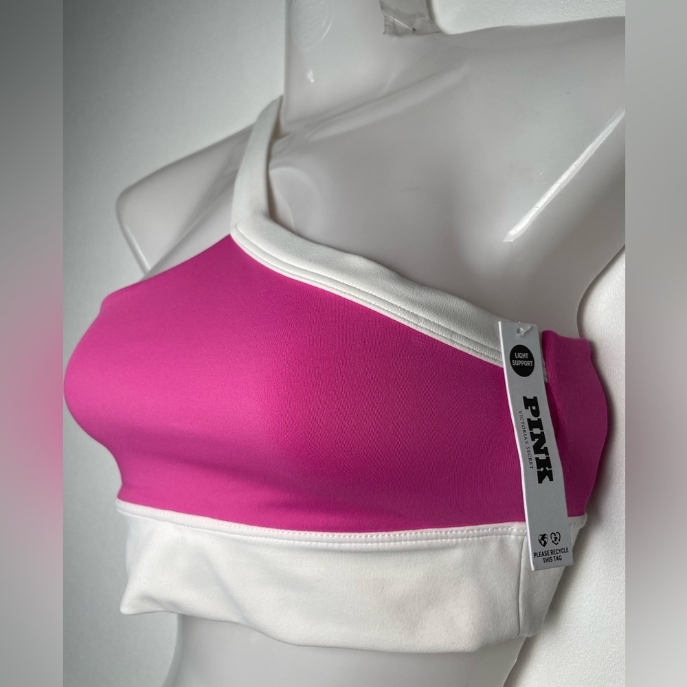 PINK VS RELAY ONE-SHOULDER SPORTS BRA Pink White Women size XS/S - Picture 5 of 6